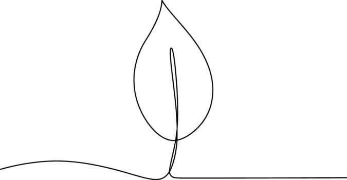 Minimalist single line drawing of a delicate leaf emerging from a gentle curve representing the earth vector
