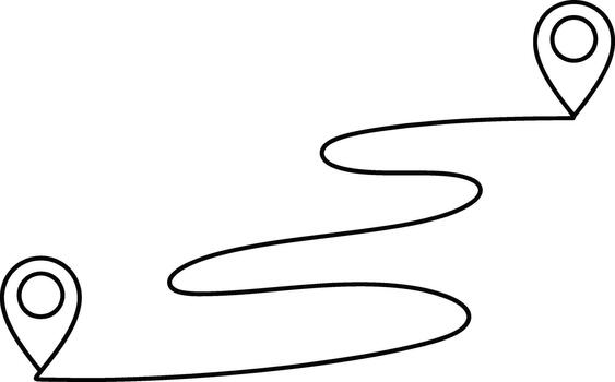 Simple line drawing depicting a winding route between two location pin markers vector