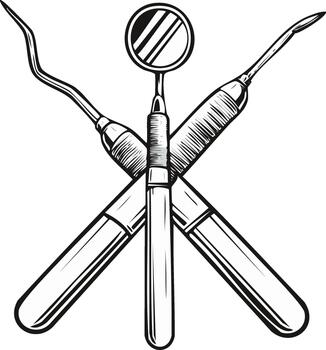 Black and white illustration of dental instruments arranged in an X shape creating a symbol for dentistry vector