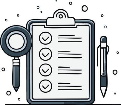 Hand-drawn Checklist with Magnifying Glass and Pen, Symbolizing Task Completion and Review vector