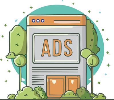 Online advertising web browser displaying ads surrounded by green nature elements vector