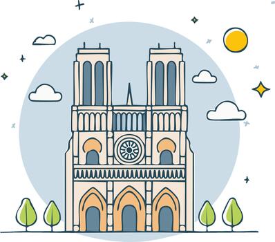 Doodle European Gothic Cathedral Architecture with Trees and Sky Elements vector