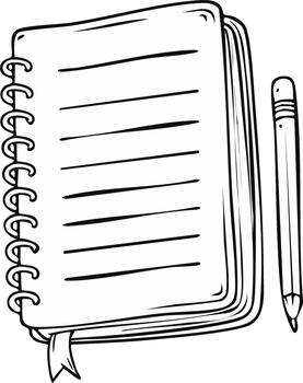 Notebook with spiral binding and pencil, black and white drawing vector