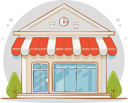 Charming storefront with red and white striped awning and large display windows vector