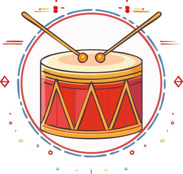 Red musical drum with drumsticks and abstract decorative elements in a circular frame, illustration vector