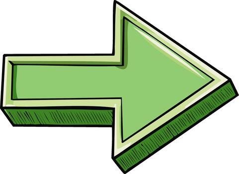 mano dibujado ilustración de un verde flecha señalando Derecha con 3d efecto y incompleto contorno sugerencia dirección vector