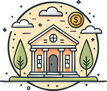 Illustrated bank building with coin and trees within a circle frame, finance concept vector