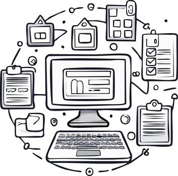 Hand drawn concept of an organized digital workspace with a computer and planning icons vector