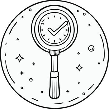 Outline magnifying glass clock and checkmark symbol for efficient time management vector