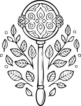 Ornate magic key with a symmetrical floral pattern surrounded by leaves and branches line drawing vector