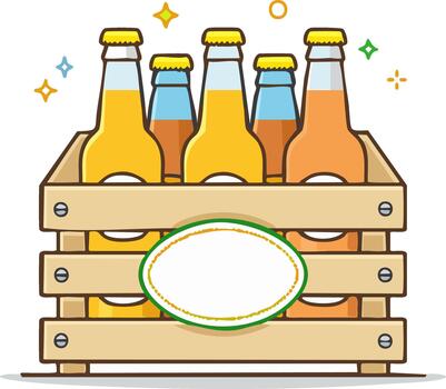 Wooden crate full of assorted beer bottles with colorful sparkles vector