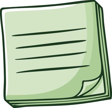 Cute cartoonish illustration of a stack of green paper sheets with horizontal lines for writing vector