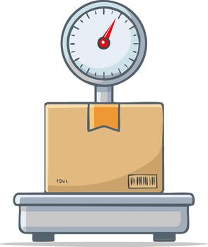 Cardboard box on a weighing scale with a dial indicator measuring weight for shipping vector