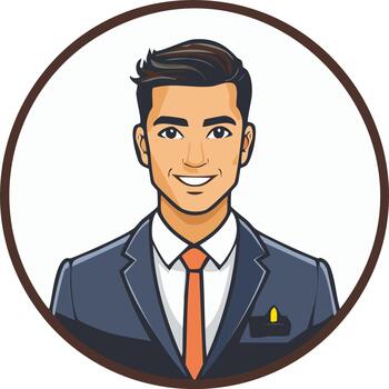 Smiling Businessman Avatar with Dark Suit and Orange Tie in Circular Frame vector