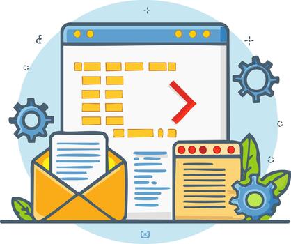 programación interfaz ilustración con código, engranajes, y documentos representando software Ingenieria concepto vector