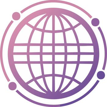 Gradient globe icon with orbital rings and nodes for global network and technology vector