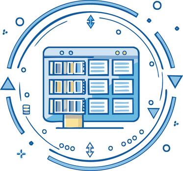 Digital Display Screen with Grid Interface Surrounded by Geometric Decorative Elements in Blue Tones vector