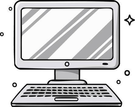 mano dibujado garabatear ilustración de un retro escritorio computadora con monitor y teclado en escala de grises vector