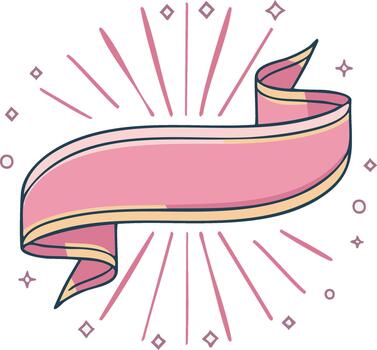 Hand drawn pink ribbon scroll banner with festive sparkles and rays vector