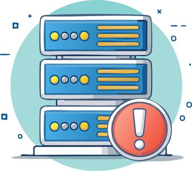 Server Stack with Warning Sign Illustration, System Error Cartoon Style, Data Storage vector