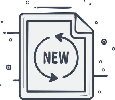 Doodle icon represents new document with circular refresh arrows and new word inside vector