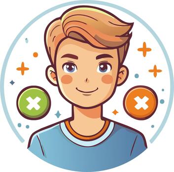 Cartoon Portrait of Young Boy with Correct and Incorrect Icons in a Circular Frame vector
