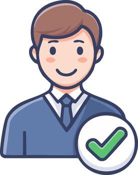 Friendly businessman avatar with a green checkmark symbol for user verification and approval vector