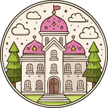 Cartoon fantasy palace with pink domes and trees in a circle frame vector
