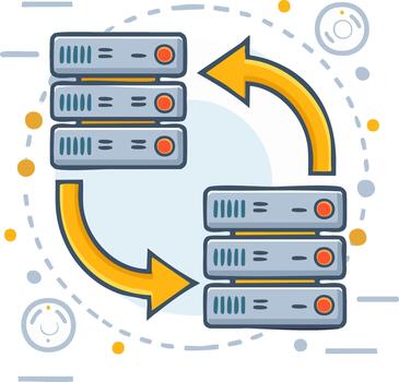 Data Servers Synchronization Cycle Cartoon Style Depicts Information Flow with Arrows for Database Backup Process vector
