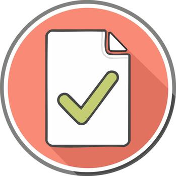 Verified document with green checkmark symbol in a circle, icon for approval, success, and completion vector