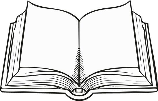 negro y blanco línea Arte ilustración de un abierto libro con vacío paginas Listo para contenido vector