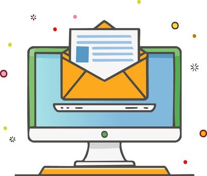 Cartoon illustration of an open email envelope with a letter coming out of a desktop computer screen vector