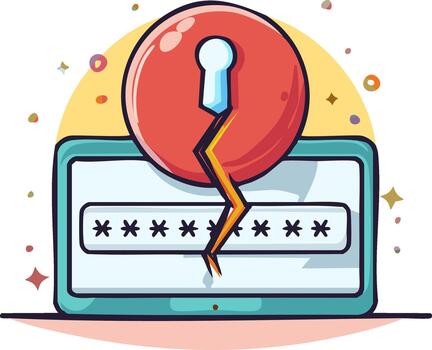Cartoon of a cybersecurity breach with a broken lock over a password field on a laptop screen vector