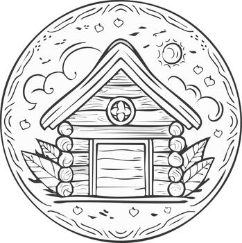 línea Arte de un rústico Iniciar sesión cabina en un circular naturaleza escena vector