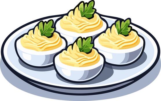 Four Deviled Eggs Decorated with Parsley on a Serving Platter vector