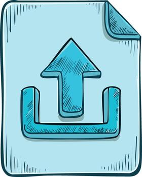 Blue hand drawn of an upload icon on a paper document vector