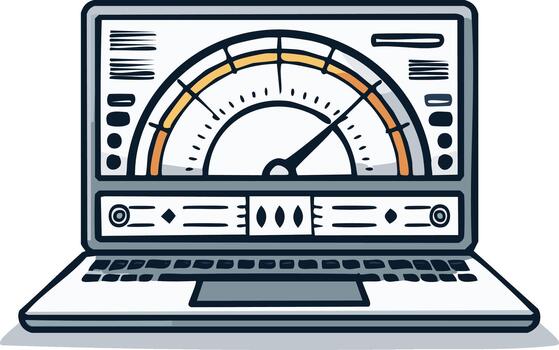 Laptop with Analog Speed Gauge on Screen Shows High Performance or Bandwidth Cartoon Style Illustration vector