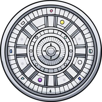 Circular futuristic metallic device with intricate patterns and colorful gems vector