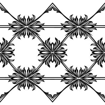 A seamless ornamental art deco style pattern featuring repeating starburst floral motifs within diamond shapes interconnected by flowing lines vector