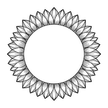 A detailed line art circular frame resembling a stylized sunflower with intricate petal details and an empty central space perfect for text or elements vector