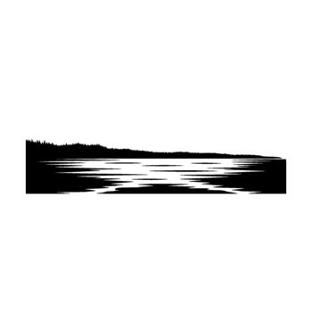 estilizado silueta de un denso hojas perennes bosque limítrofe un calma cuerpo de agua con resumen reflejado ligero patrones vector