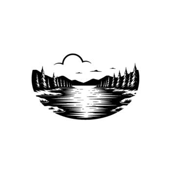 Monochromatic silhouette art depicting a serene lake surrounded by evergreen trees and distant mountains under a stylized cloudy sky presented in a circular emblem vector