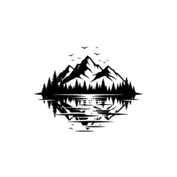 A striking minimalist silhouette of rugged mountain peaks and a dense evergreen forest reflected in a calm glassy lake under a sky with soaring birds vector