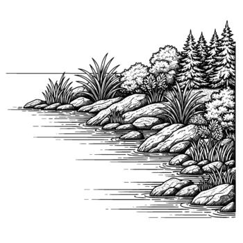 intrincado grabando de un sereno lago apuntalar con suave redondeado rocas cañas y pino arboles a lo largo el banco reflejado en el agua vector