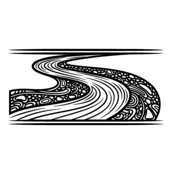 Stylized illustration of a winding river with abstract patterns of rocks and water flow isolated vector