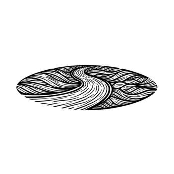 illustration of a stylized winding river flowing through abstract wavy lines set within an oval shape vector
