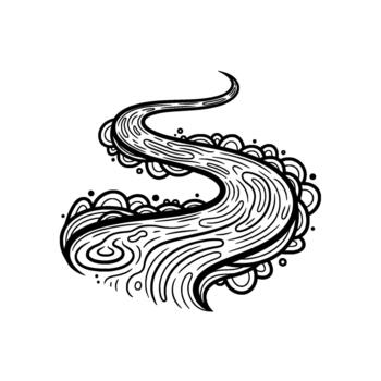 A dynamic illustration depicting a stylized flowing river or water stream with intricate line art detailing and decorative wave elements vector