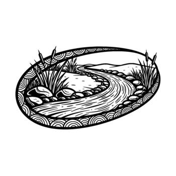 illustration of a winding river flowing through a landscape with cattails and rocks within an oval border featuring a semicircular pattern vector