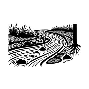 linocut style illustration of a winding river flowing through a rocky landscape with cattails and a tree root system vector