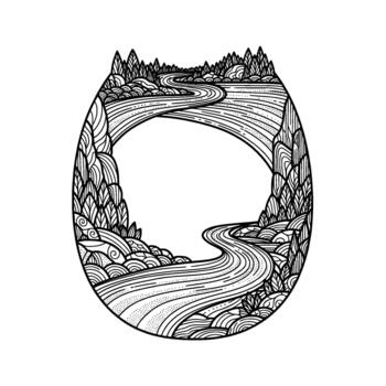Intricate line art illustration depicting a winding river flowing through a stylized forest and mountainous landscape enclosed within an oval shape for a unique decorative element vector